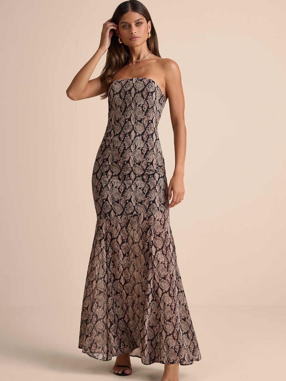 Lulu's Strapless Snake Print Maxi Dress in Brown and Black